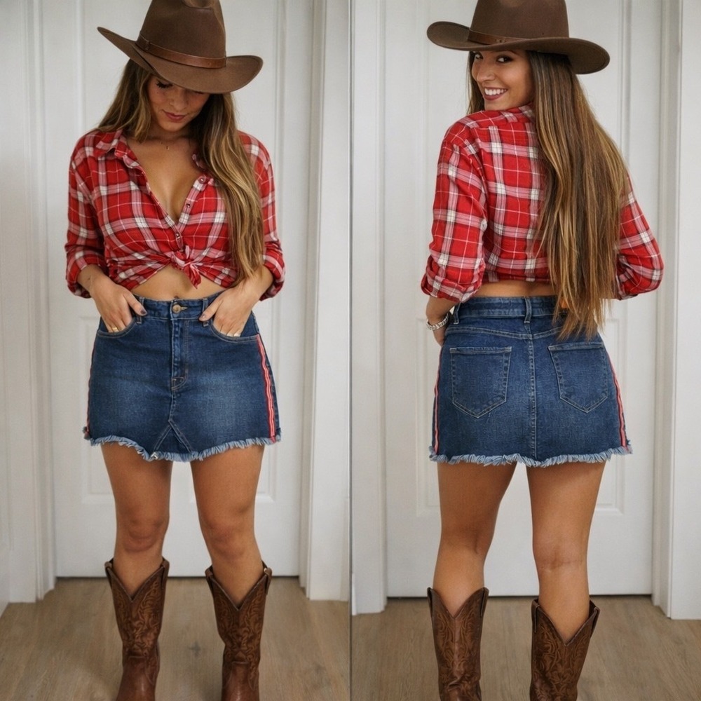 Hollister Hi Rise Denim Mini Skirt Dark Wash Red Side Stripe Raw Hem Size‎ 5/W27